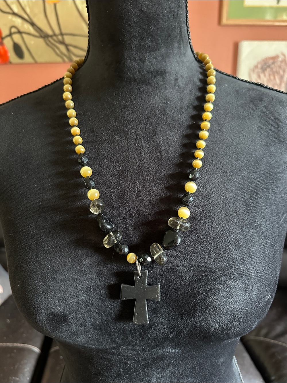 Yellow and Black Beaded Cross Necklace by